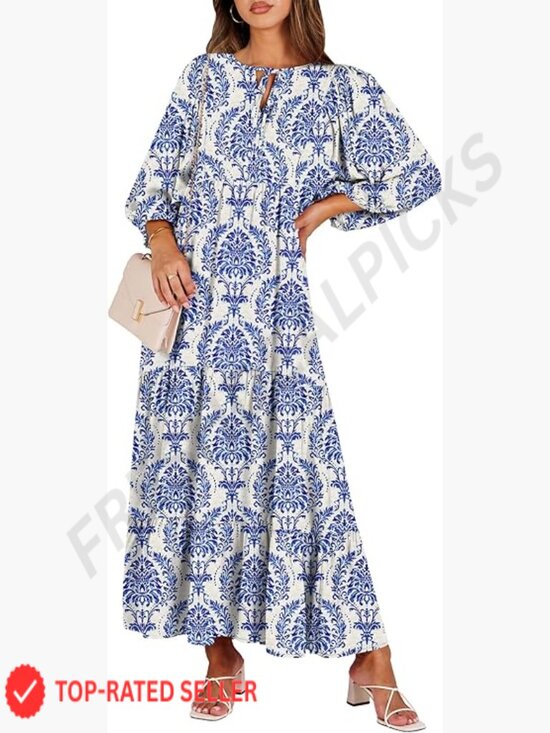 Dresses & Skirts - Boho Maxi Dress Flowy Swing V Neck Puff Sleeve Elegant Casual Summer